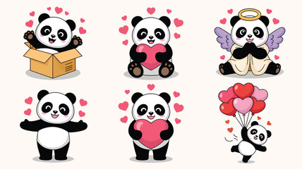 Fototapeta premium Collection of six cute cartoon pandas with hearts and Valentine's Day elements bear