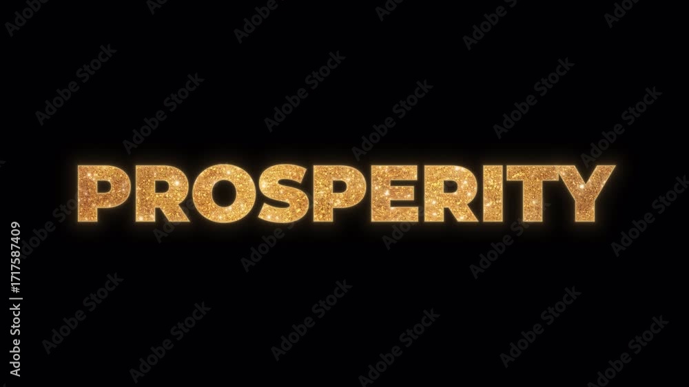 Poster prosperity word text with a luxurious golden glitter texture, featuring a shiny and sparkling effect
