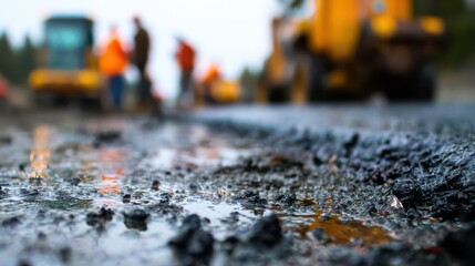 Naklejka premium asphalt road under construction, with workers in the background
