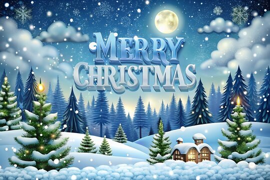 Magical snowy forest scene with merry christmas message and full moon - Powered by Adobe
