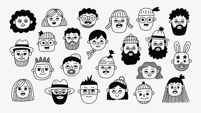 Assortment of Hand Drawn Doodle Faces with Hats and Unique Hairstyles Keywords: doodle, faces