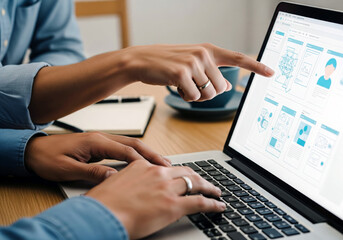 A close-up of two designers or developers collaborating on a new project. One person points at a UI wireframe on the laptop screen while the other works on the keyboard