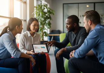 A diverse business team having an informal meeting and analyzing data on a tablet.

