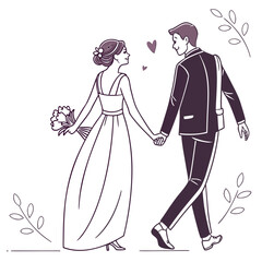 Happy bride and groom holding hands walking together with a bouquet and decorative leaves