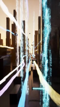 Dynamic POV video soaring through a vibrant, hyper-connected futuristic digital cityscape with sleek autonomous vehicles, neon lights, and glowing data streams. Exhilarating innovation concept