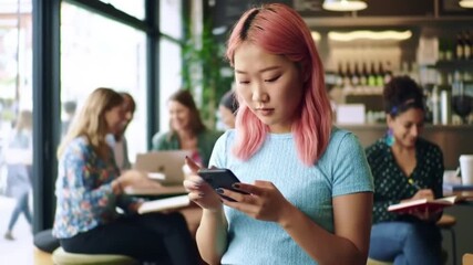 Person scrolling smartphone, modern coffee shop, casual atmosphere, diverse representation, natural lighting.” - Powered by Adobe