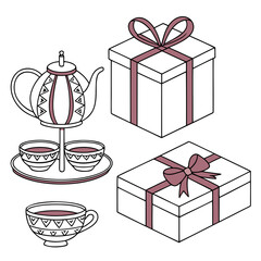 Stylized illustration of a teapot with cups and two gift boxes with ribbons and bows on a white background