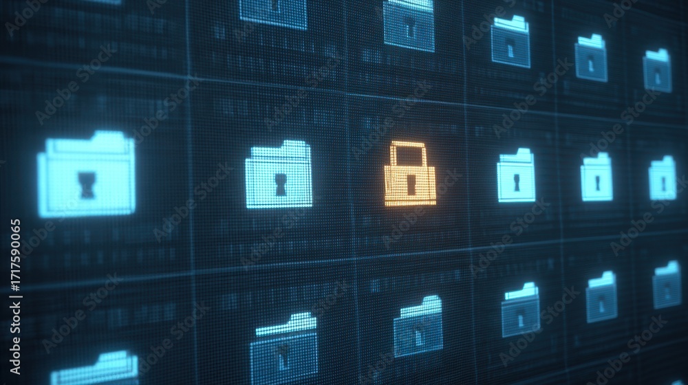 Poster digital data security concept with locked folder icon among open folders in a high-tech cyber enviro