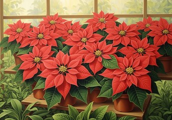 Vibrant red poinsettias in pots with greenery in sunlit room