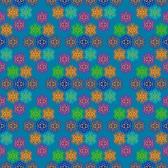 Colorful seamless pattern with circular motifs in turquoise and orange on a green background. Ideal for wrapping paper, textile design, and digital backgrounds.