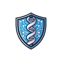Fototapeta premium Shield emblem featuring a DNA helix intertwined with circuit patterns, symbolizing biotechnology