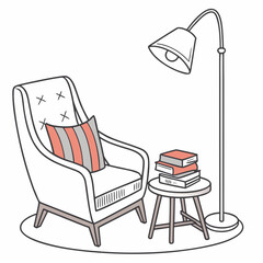 Cozy armchair with striped pillow and stack of books next to a floor lamp on a rug