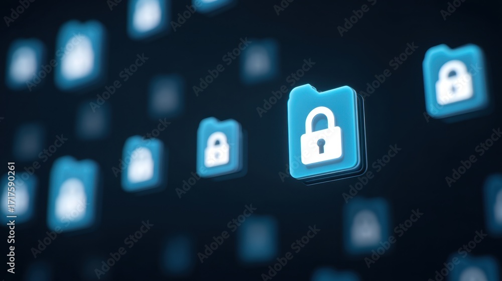 Poster 3d render of digital folder icons with lock symbol representing security and privacy in data managem