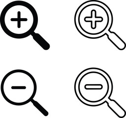 Magnifying glass icons, zoom in symbol, zoom out sign, search tool illustration, enlarge reduce graphic, magnifier outline, digital interface design