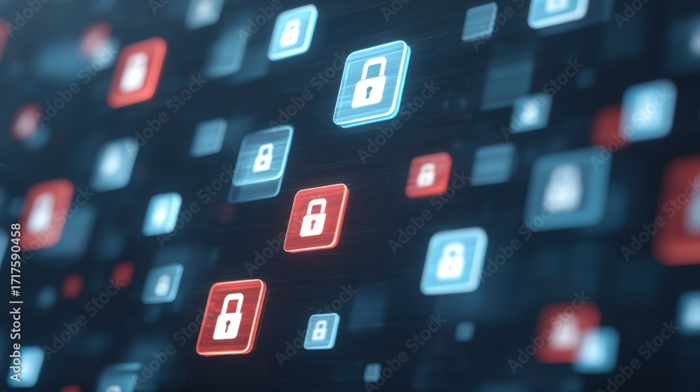 Poster digital security concept with red and blue lock icons representing data protection and cybersecurity