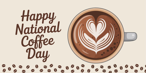 Happy National Coffee Day design with heart-shaped latte art, cursive typography, and scattered beans on warm beige background 