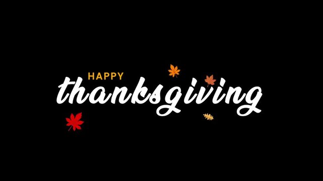 Happy Thanksgiving Animation with Falling Autumn Leaves on Black Background