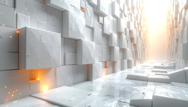 Glowing path through white cube corridor