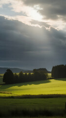 Fototapeta premium Sun rays breaking through dark clouds over a green field, light beams illuminating patches of grass