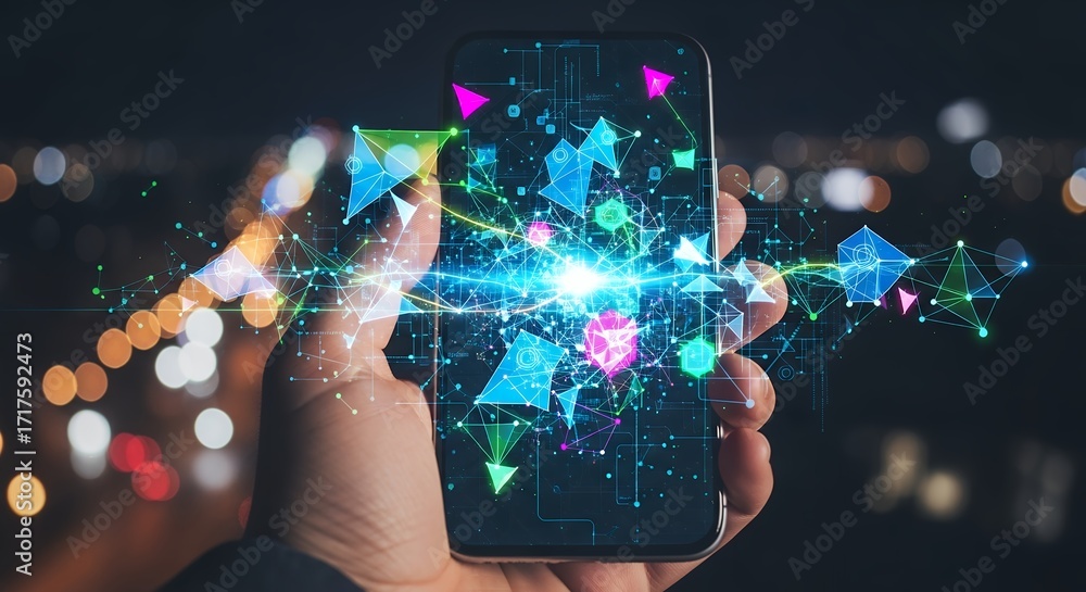 Poster hand holds smartphone displaying abstract network with glowing polygons over blurred city lights. co