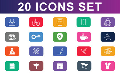 Collection of twenty colorful flat design icons representing various concepts and services