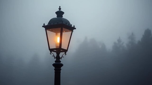 Eerie city atmosphere, A lamppost illuminates fog-covered urban landscapes
