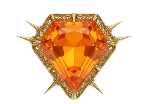 A detailed, ornate, golden brooch showcasing a vibrant, faceted orange gem set with decorative spikes.