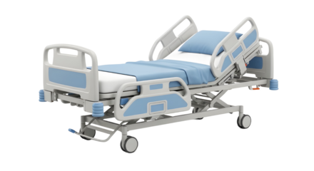 Adjustable hospital bed with bedding and rails isolated PNG with Transparent Background
