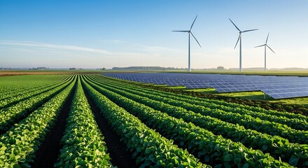 Picturesque farmland showcases a green crop, solar panels and wind turbines under clear blue sky.