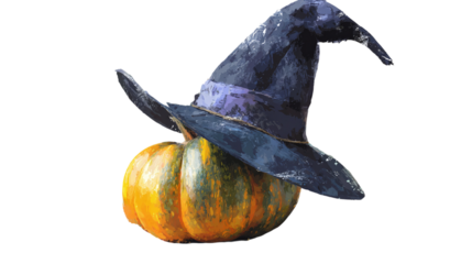 Artistic painted pumpkin in brushstroke style with witch hat, creative Halloween illustration, isolated on transparent background 