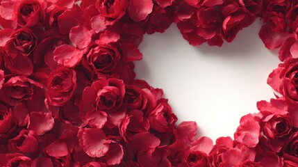 Red roses and petals forming heart shape background