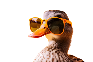 Funny duck wearing trendy orange sunglasses for summer holiday and vacation concepts isolated PNG with Transparent Background