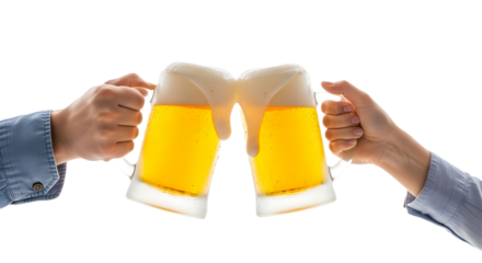 Two people clinking beer glasses for a celebratory toast isolated PNG with Transparent Background