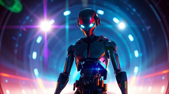 Futuristic robot stands confidently in a vibrant, illuminated space.