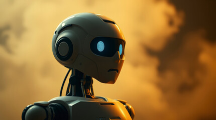 Futuristic Robot Portrait Against a Golden Sky