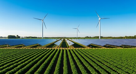 Vibrant green crops sit below solar panels and wind turbines under a blue sky.