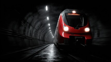 Obraz premium Red train moving fast inside dark tunnel with lights