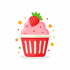 Strawberry ice cream cup icon with stars. Fun and colorful dessert vector for kids or summer themes.
