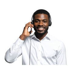 man on his hone and headset over his head, on transparent background, african american, png file, isolated, white background with generative ai