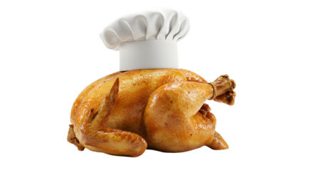 Funny roasted chicken wearing a white chef hat for Thanksgiving and catering concepts isolated PNG with Transparent Background