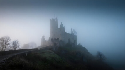 Ethereal medieval castle enshrouded in dense fog, revealing an atmospheric and timeless