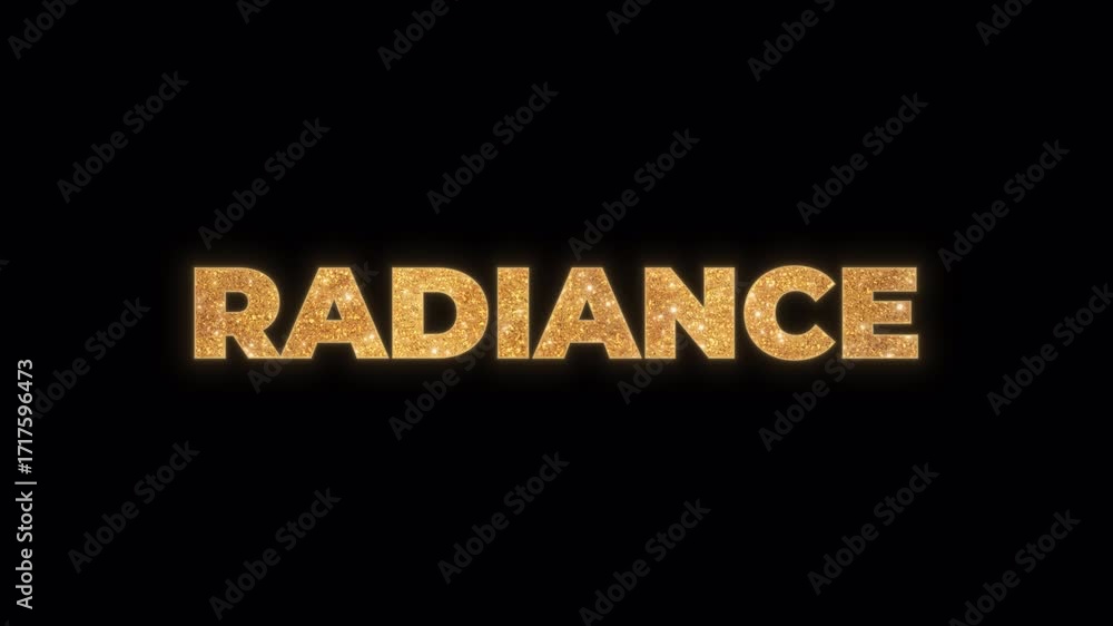 Poster the word radiance in a sparkling gold glitter texture with a radiant glow. elegant and luxurious typ