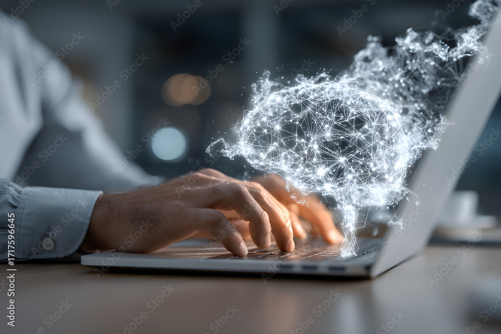 Poster generative ai. business people working on laptop computer with global media link connecting on desk,