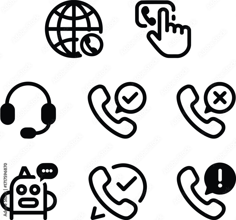Poster set of bold line icons representing telecommunication symbols, including call options, headset, chat