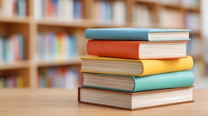 Colorful Stack of Books on Wooden Table in Library Setting with Blurred Background of Bookshelves Filled with Various Titles