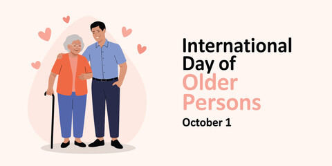  International Day of Older Persons illustration with elderly woman and younger man, heart accents, and October 1 text celebrating care and unity
