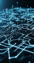 Obraz premium Intricate network of glowing circuit paths, showcasing a complex technological design with a dark background.