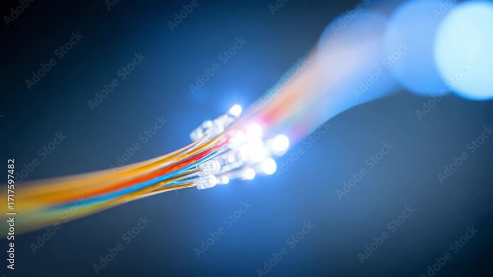 Poster illuminating fibers: a close-up shot of optical fibers, their vibrant colors merging into a beam of 