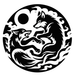Two wolves facing each other in a circular design with a moon and cloud like shapes around them