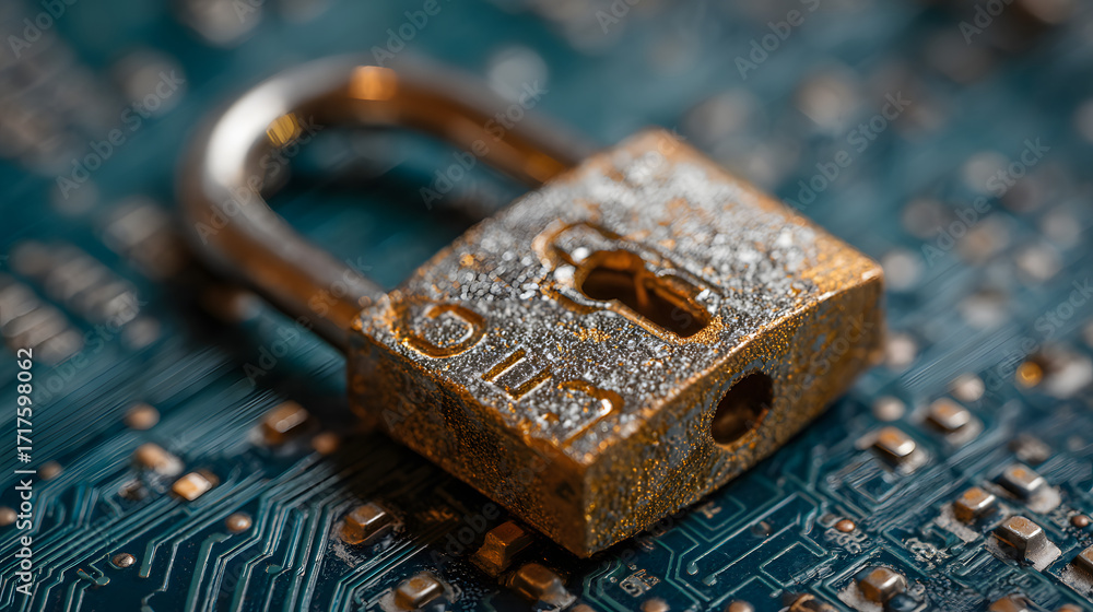 Poster https sign and a lock on a blue circuit board background, seo term for a safe encrypted connection o